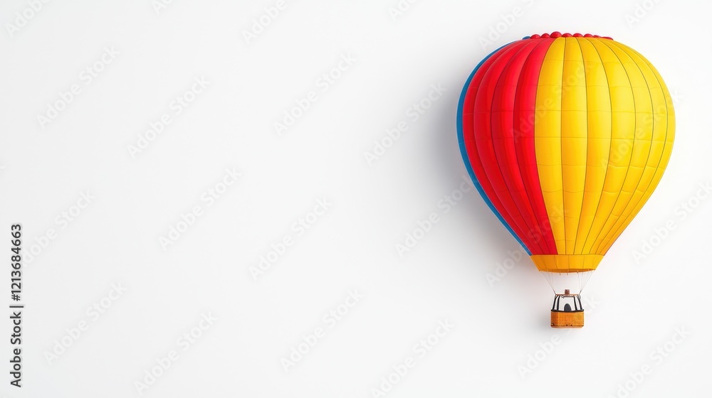 Fototapeta premium Colorful hot air balloon floats against white background, travel concept
