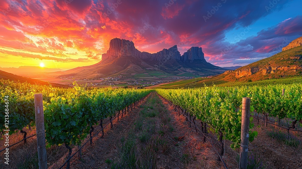 Naklejka premium Vineyard Sunset Dramatic Mountain Landscape