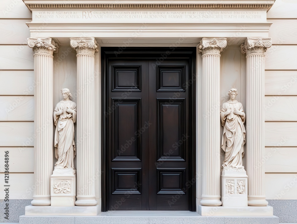 Wide bank entrance with polished bronze doors and sculpted figures on either side of the facade Wide bank entrance with polished bronze doors and sculpted figures on either side of the facade