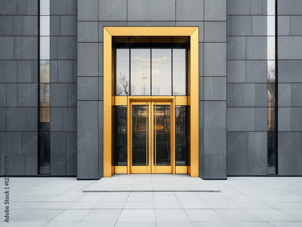 A bank building with a facade of polished steel and glass, leading to an opulent entrance with gold trim A bank building with a facade of polished steel and glass, leading to an opulent entrance with gold trim