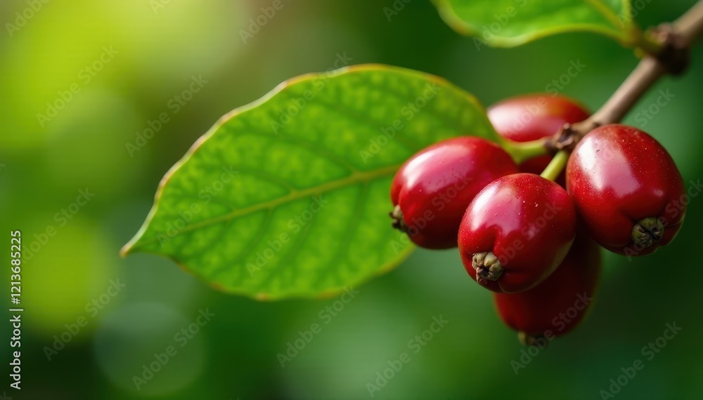 Ripe red coffee beans on a coffee tree branch, plantation, rural Ripe red coffee beans on a coffee tree branch, plantation, rural