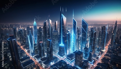 dubai skyline glowing with futuristic digital networks and technological advancements