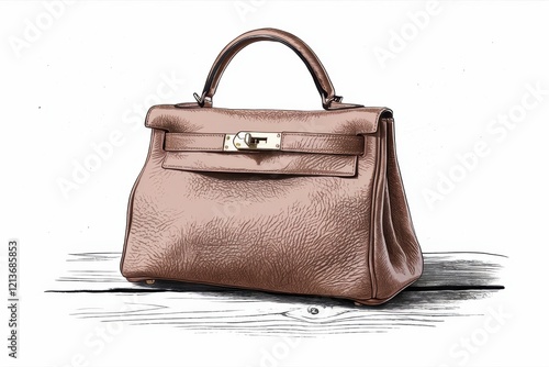 Brown Leather Handbag Rests on Wooden Surface photo