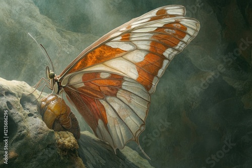 Butterfly emerges, wings spread wide, rock, nature.