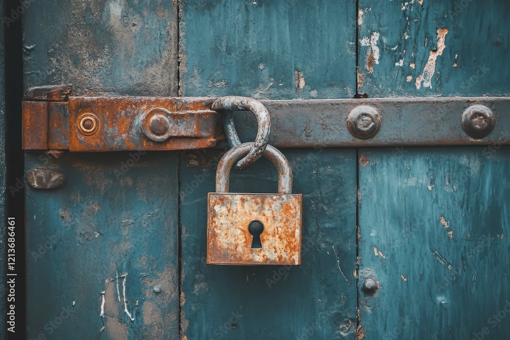 Weathered blue door with rusty padlock showcasing years of wear and history in a quiet location Weathered blue door with rusty padlock showcasing years of wear and history in a quiet location