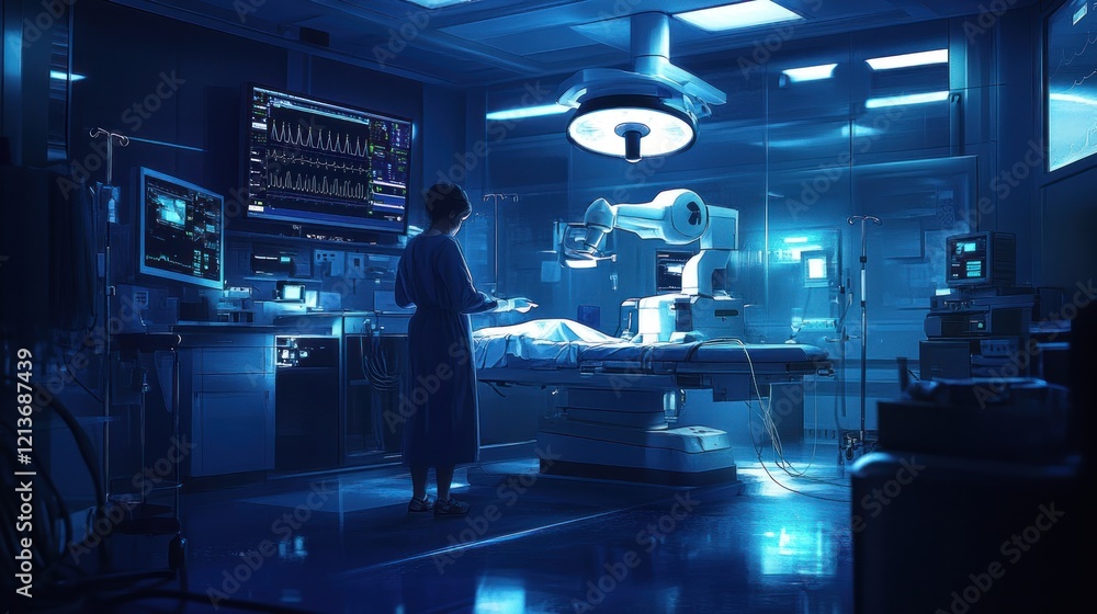 Surgeon operating robot, futuristic hospital room, night Surgeon operating robot, futuristic hospital room, night
