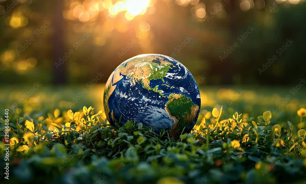 A globe resting on green grass with sunlight filtering through trees, symbolizing nature and the Earth.