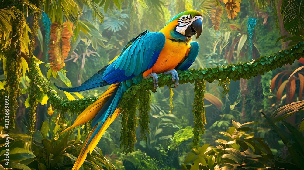 Obraz premium Blue Yellow Macaw Perched on a Tropical Branch