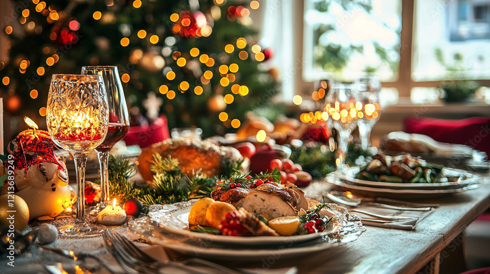 Fototapeta premium Festive Christmas dinner table setting with roasted chicken, win