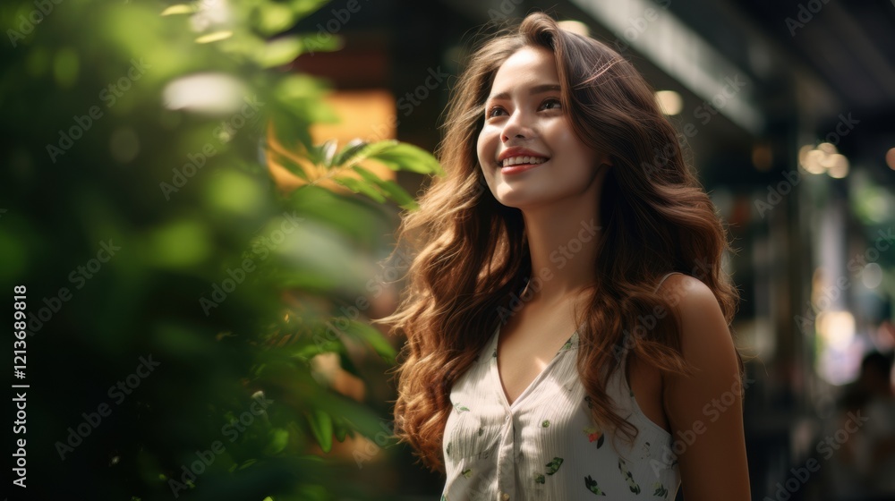 Naklejka premium beautiful woman smiling outdoors in city setting