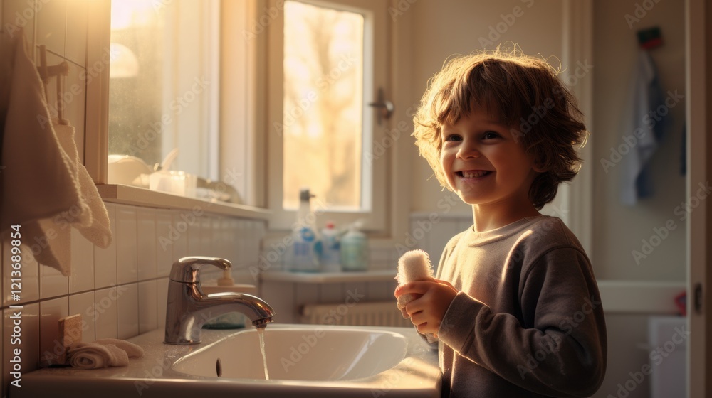 happy child brushing teeth in sunny bathroom happy child brushing teeth in sunny bathroom