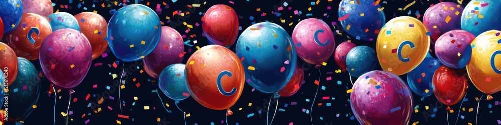 Vibrant Celebration with C Banners, Confetti, and Personalized Balloons Vibrant Celebration with C Banners, Confetti, and Personalized Balloons