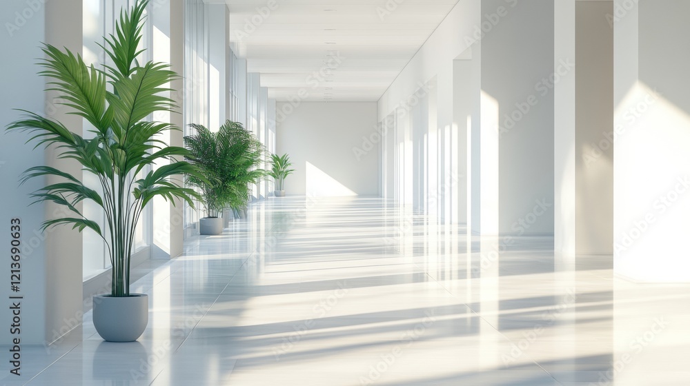 Fototapeta premium bright modern office hallway with potted plants