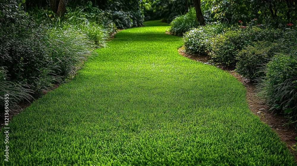 Lush green garden path, winding through foliage, sunlight dappled, serene landscape, nature design Lush green garden path, winding through foliage, sunlight dappled, serene landscape, nature design