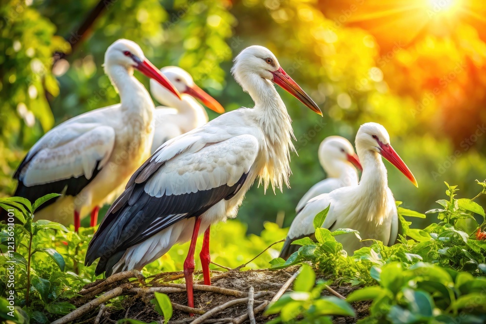 Fototapeta premium Majestic Storks in Lush Parkland: Serene Bird Photography