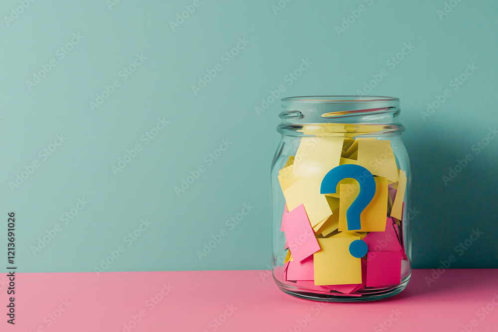 transparent jar filled with colorful sticky notes and question mark on front, set against pastel background, evokes curiosity and creativity transparent jar filled with colorful sticky notes and question mark on front, set against pastel background, evokes curiosity and creativity