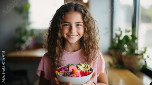 happy girl holding a healthy fruit bowl photo