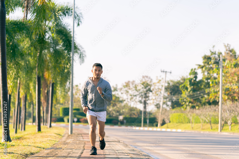 Fototapeta premium Black African American man running on the street, morning exercise, health concept.