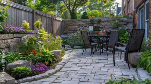 charming backyard patio with stone pavers and lush landscaping