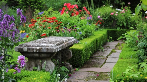 Tranquil Garden in Full Bloom with a Variety of Colorful Flowers photo