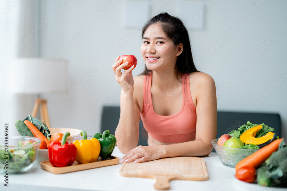 Happy young woman eating an apple, promoting healthy eating habits for a wellness lifestyle Happy young woman eating an apple, promoting healthy eating habits for a wellness lifestyle
