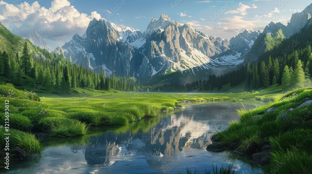 Serene River Meanders Through Lush Green Valley Landscape Serene River Meanders Through Lush Green Valley Landscape