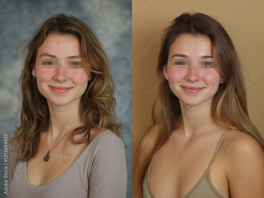 anonymized before and after acne pimple skin treatment, young teen adolescent female face in splitscreen anonymized before and after acne pimple skin treatment, young teen adolescent female face in splitscreen