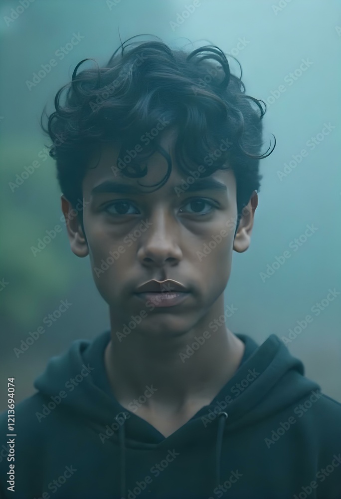 Young Person with Curly Dark Hair and Expressive Eyes in a Moody Smoky Background Young Person with Curly Dark Hair and Expressive Eyes in a Moody Smoky Background