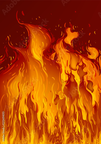 Flame, blaze, bonfire, fire sparks effect background on dark vector illustration design.