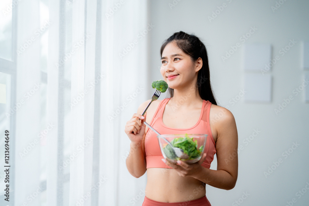 Healthy lifestyle concept with happy smiling sporty girl enjoying nutritious meal in her bright apartment Healthy lifestyle concept with happy smiling sporty girl enjoying nutritious meal in her bright apartment