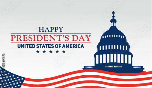 Happy Presidents Day concept with the US national flag and a silhouette of the Capitol building, accompanied by patriotic elements and text celebrating the holiday.