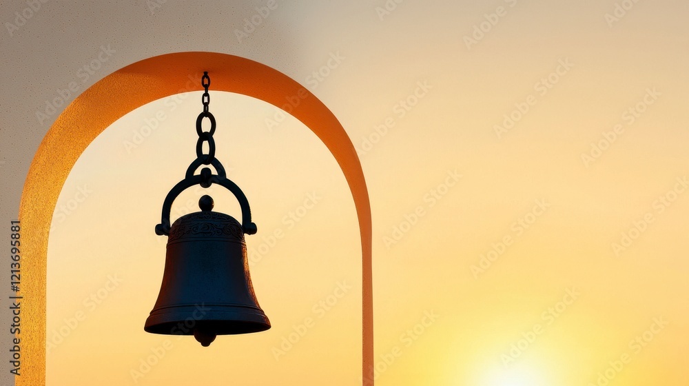 Obraz premium Silhouetted Bell Hanging in Archway at Sunset, Evoking Tranquility and Reflection