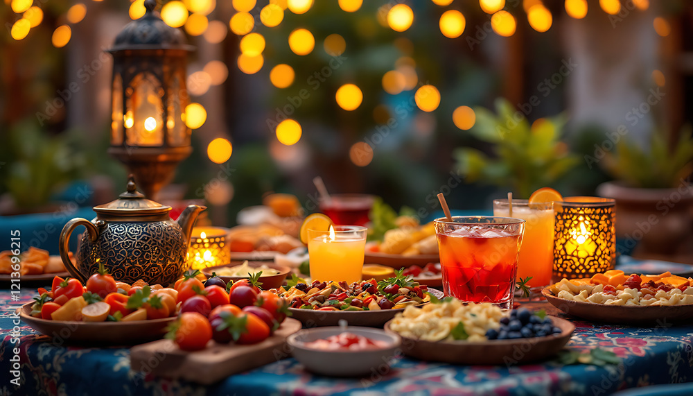 Festive Outdoor Dining with Moroccan Lanterns and Traditional Cuisine – Warm Ambiance with Delicious Food and Refreshing Drinks for Ramadan or Special Occasions Festive Outdoor Dining with Moroccan Lanterns and Traditional Cuisine – Warm Ambiance with Delicious Food and Refreshing Drinks for Ramadan or Special Occasions
