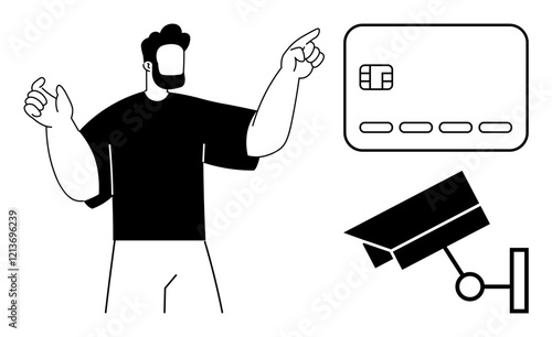 Man pointing towards credit card and surveillance camera. Ideal for security, financial management, identity protection, surveillance, payment systems, fraud prevention, monitoring. Line metaphor