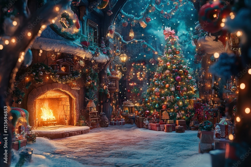 Obraz premium Festive holiday setting with decorated Christmas tree, warm fireplace, and joyful decorations in a snowy environment