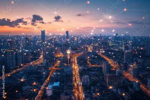 Wallpaper Mural City skyline illuminated at dusk with network connections visible across the urban landscape Torontodigital.ca