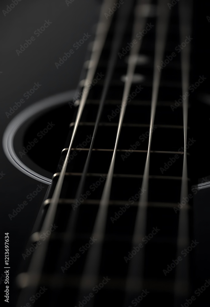 Fototapeta premium Dark Acoustic Guitar: Strings and Soundhole in Dramatic Close-up
