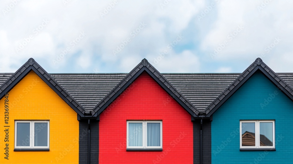 Colorful houses, suburban row, cloudy sky, home ownership Colorful houses, suburban row, cloudy sky, home ownership