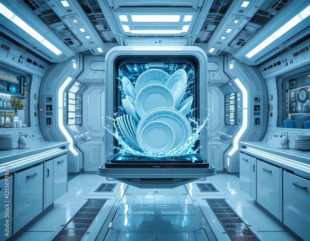 Futuristic Kitchen Dishwasher with Sparkling Clean Dishes Futuristic Kitchen Dishwasher with Sparkling Clean Dishes