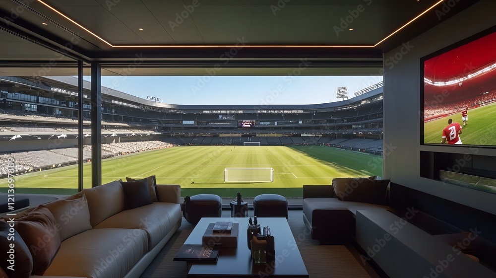 Fototapeta premium Lavish VIP Soccer Stadium Suite with Panoramic Field Views and Luxury Amenities