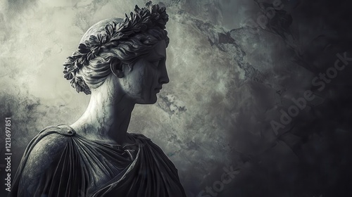 ancient roman empress in profile adorned with laurel crown dramatic chiaroscuro lighting marble texture background