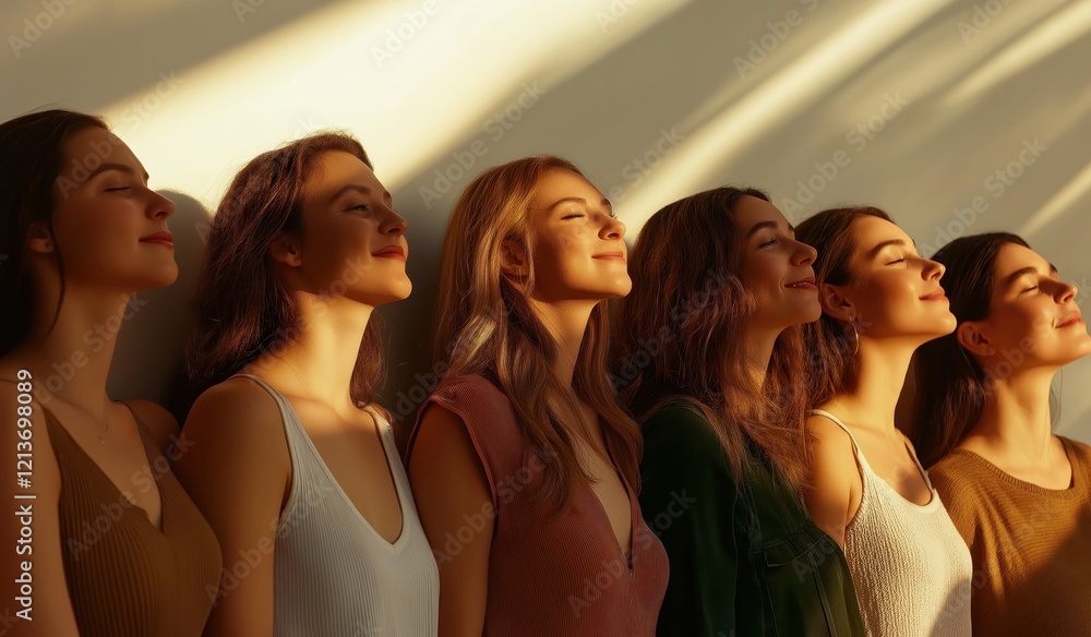 Obraz premium Sunlit portraits of joyful women urban studio lifestyle photography warm atmosphere close-up view empowerment themes