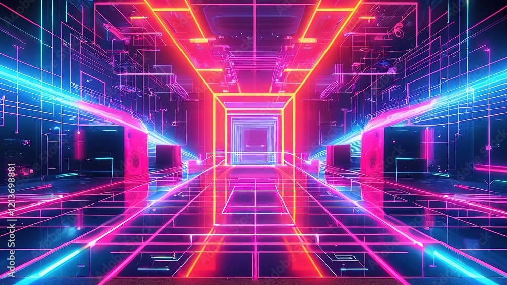 Neon tunnel, vibrant lights, digital art, futuristic background, tech event backdrop Neon tunnel, vibrant lights, digital art, futuristic background, tech event backdrop