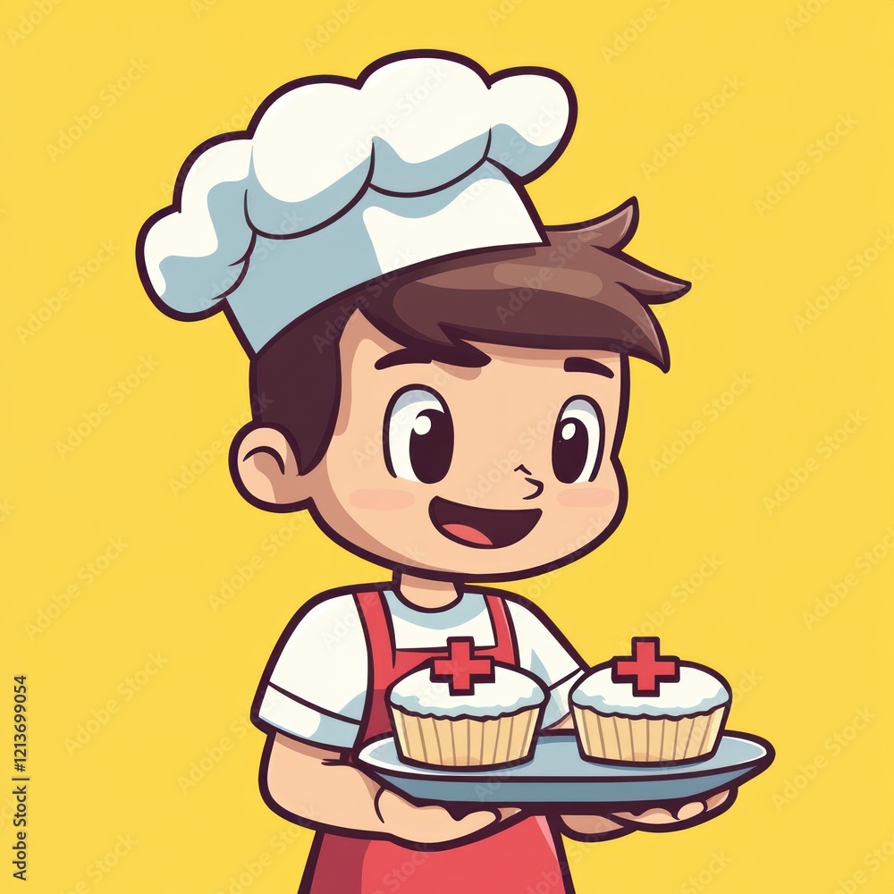 Boy baker holding cupcakes with red plus sign on plate, yellow background, for medical or party use Boy baker holding cupcakes with red plus sign on plate, yellow background, for medical or party use