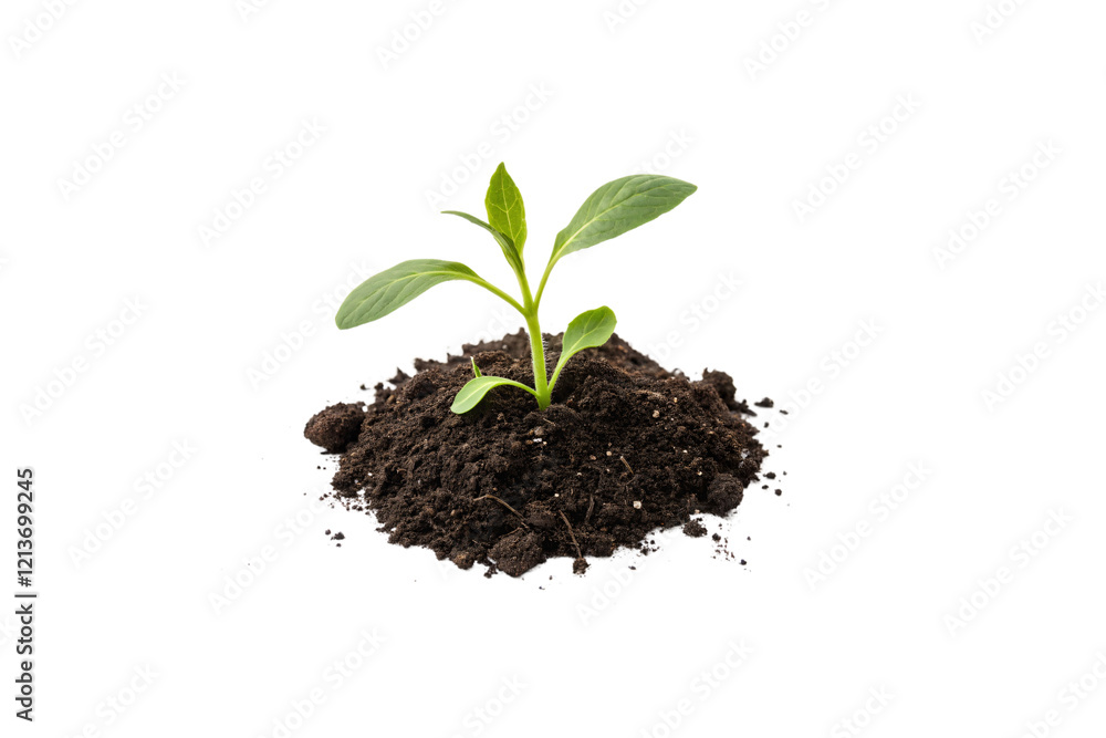 A fresh green sprout emerging from rich, dark soil, symbolizing growth, renewal, and the beauty of life in its simplest form. Isolated on a transparent background A fresh green sprout emerging from rich, dark soil, symbolizing growth, renewal, and the beauty of life in its simplest form. Isolated on a transparent background