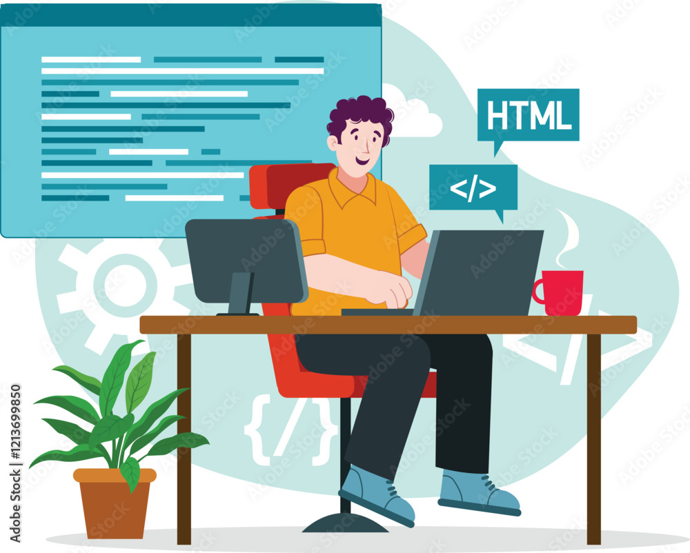 Focused HTML Coding Session in a Modern Developer Workspace Illustration Shows a developer immersed in HTML coding in a sleek, modern workspace. Focused HTML Coding Session in a Modern Developer Workspace Illustration Shows a developer immersed in HTML coding in a sleek, modern workspace.