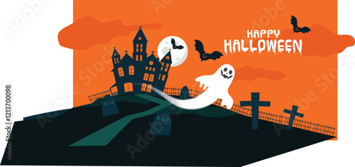 Ghostly Haunted House Halloween Celebration Illustration Features a haunted house with glowing windows, ghosts, and eerie decorations.