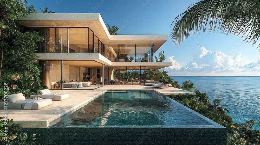 Fototapeta premium Oceanfront villa, infinity pool, tropical view, luxury home.