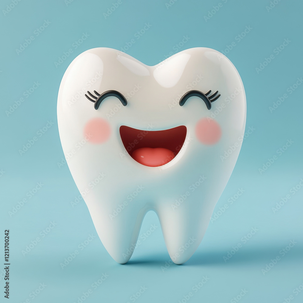 cheerful cartoon tooth character with big smile and rosy cheeks, set against light blue background. This fun design promotes dental health and happiness cheerful cartoon tooth character with big smile and rosy cheeks, set against light blue background. This fun design promotes dental health and happiness