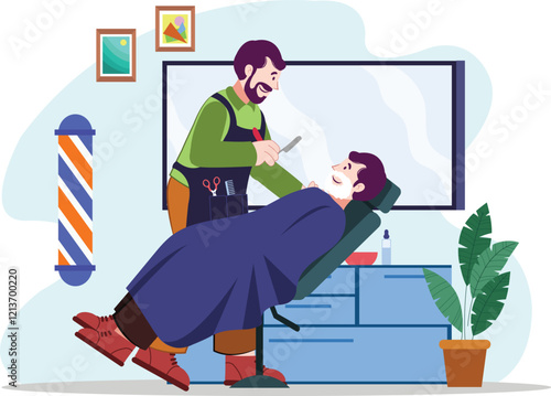 Barbershop Beard Shaving Service with Barber Giving Shave to Client in Salon Interior Illustration Depicts a barber skillfully shaving a client in a cozy salon setup.